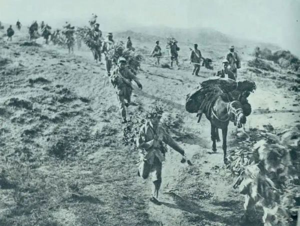 图为1947年5月在孟良崮战役中,华东野战军向孟良崮挺进。