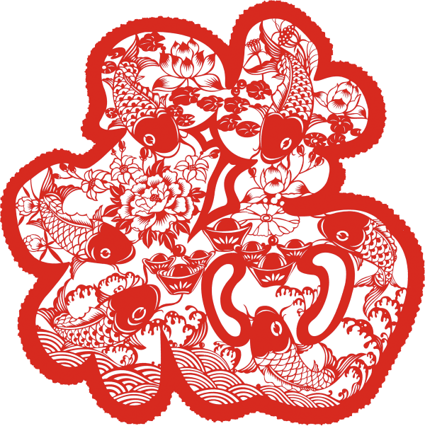 韩艳老师在剪纸作品中融入“福”字、锦 鲤、荷花、金元宝等有美好寓意的元素