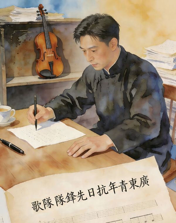 冼星海谱写《广东青年抗日先锋队队歌》(图片由AI辅助生成)